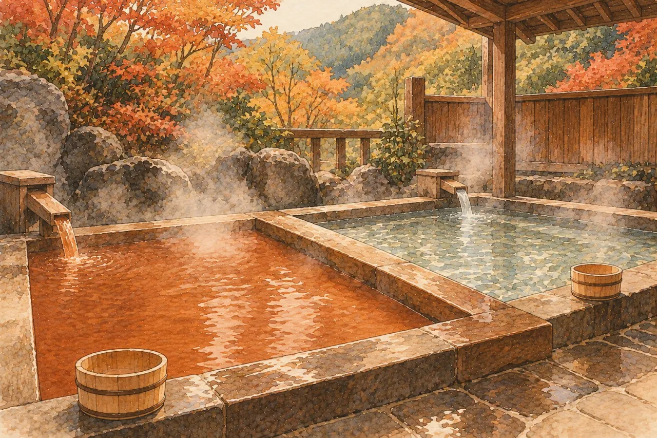Two empty outdoor baths side by side, one of cloudy reddish-brown water and one of clear water, wooden buckets on the edge