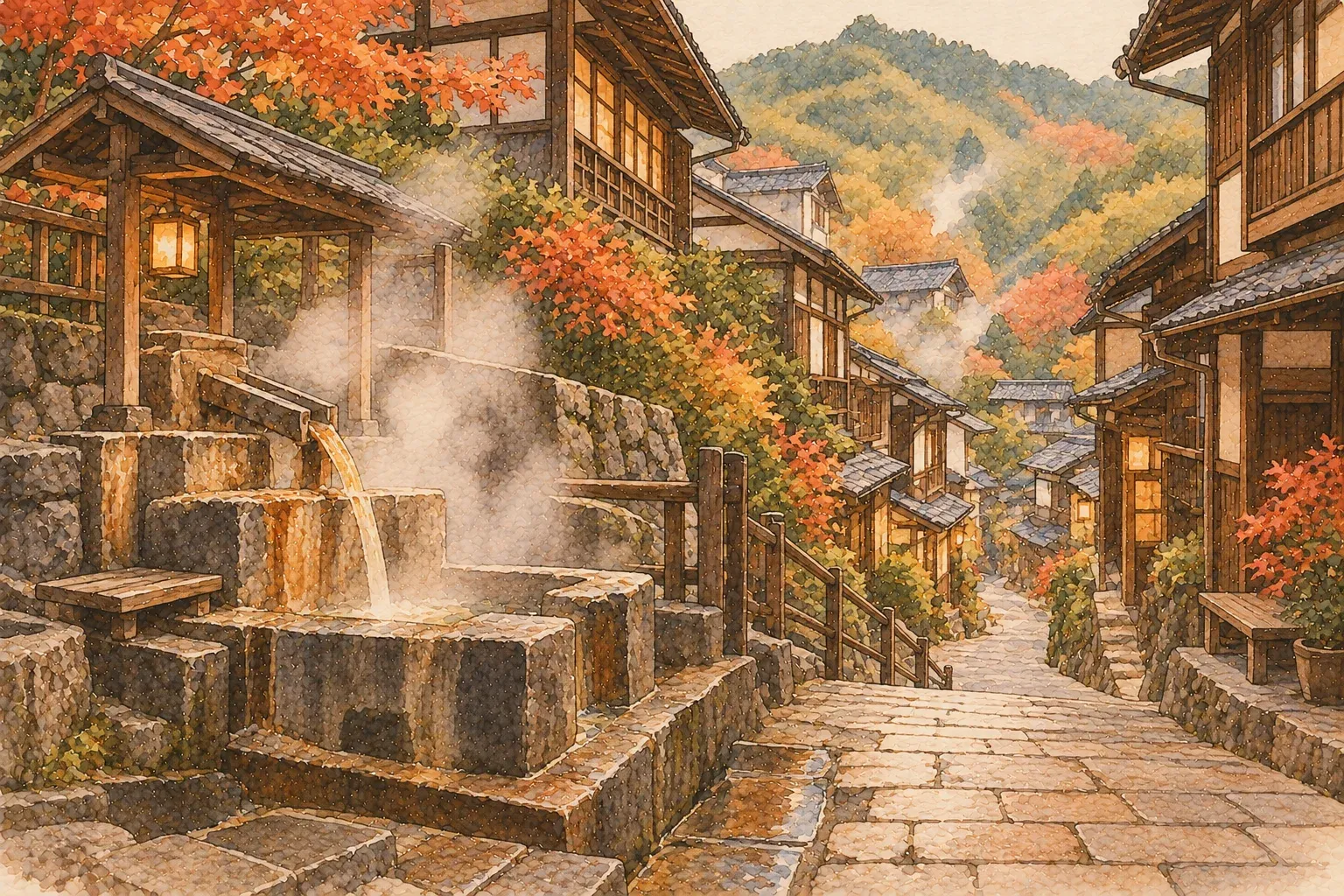 Illustration of a narrow stone lane in an old hot spring town in autumn, wooden houses on both sides and steam rising from a stone source