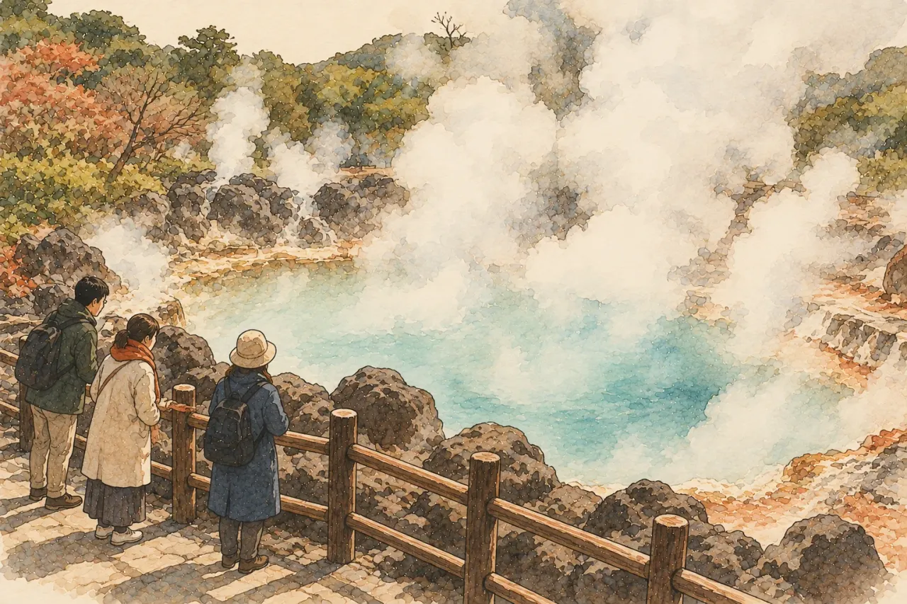 Visitors in coats behind a wooden fence looking at a steaming blue hot spring pond walled by rocks