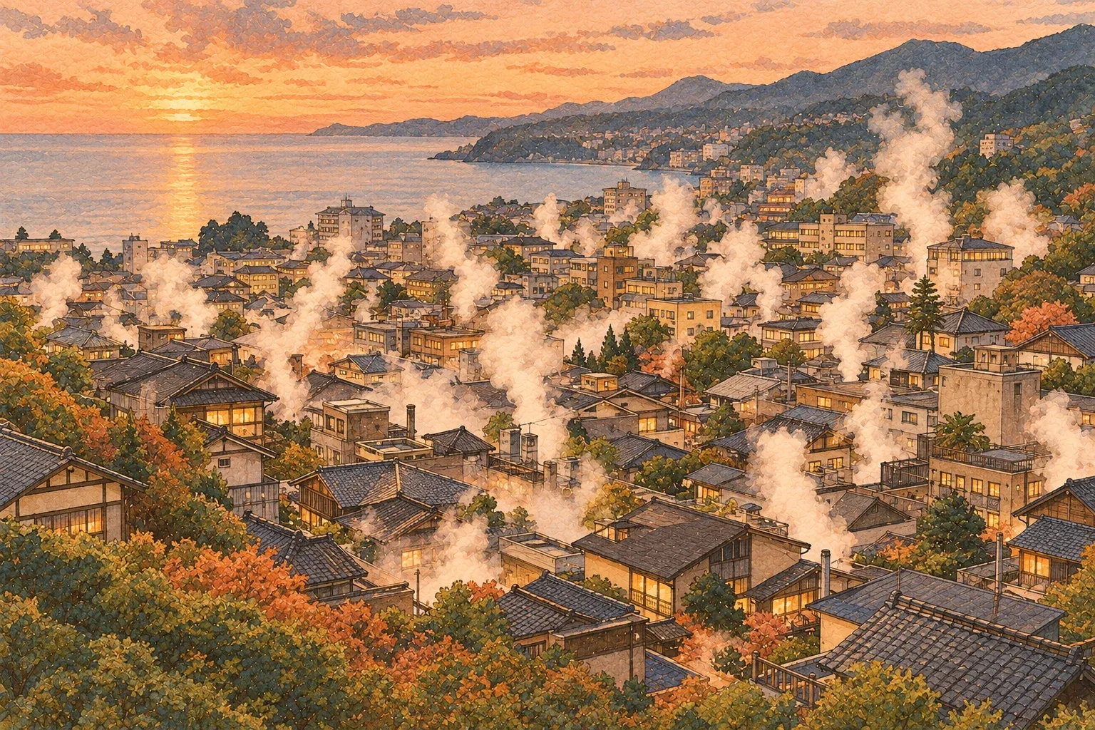 Illustration of a hillside town at sunset seen from above, plumes of steam rising between the roofs, the sea beyond