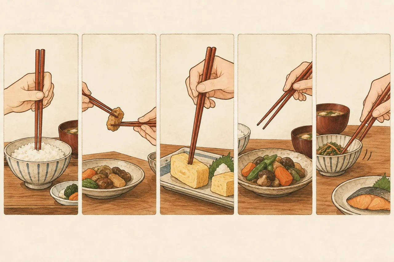 Five panels of chopsticks used in ways the official sources warn against: standing upright in rice, passing food from chopsticks to chopsticks, spearing a piece of omelette, hovering over the dishes, and pulling a bowl closer