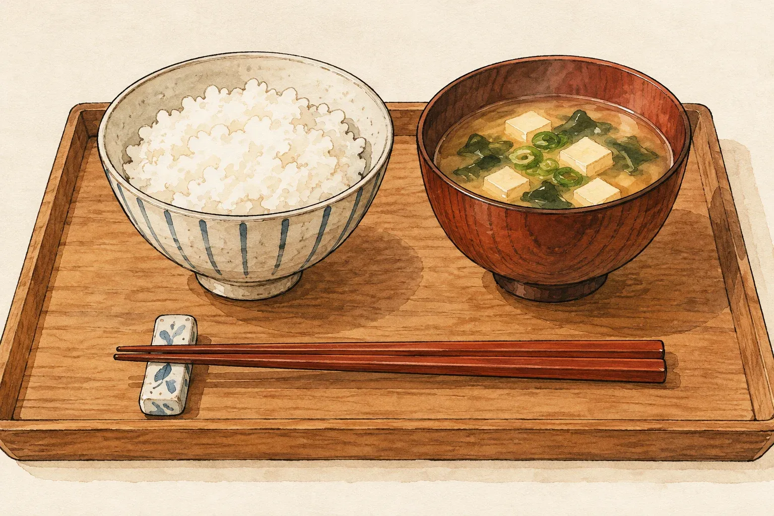 Illustration of a bowl of rice and a bowl of miso soup on a wooden tray, chopsticks resting on a ceramic rest, no spoon on the table