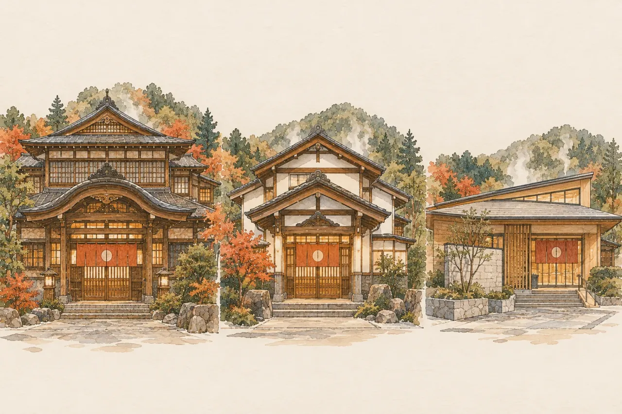 Three public bathhouses drawn side by side, each with a curtain at the door