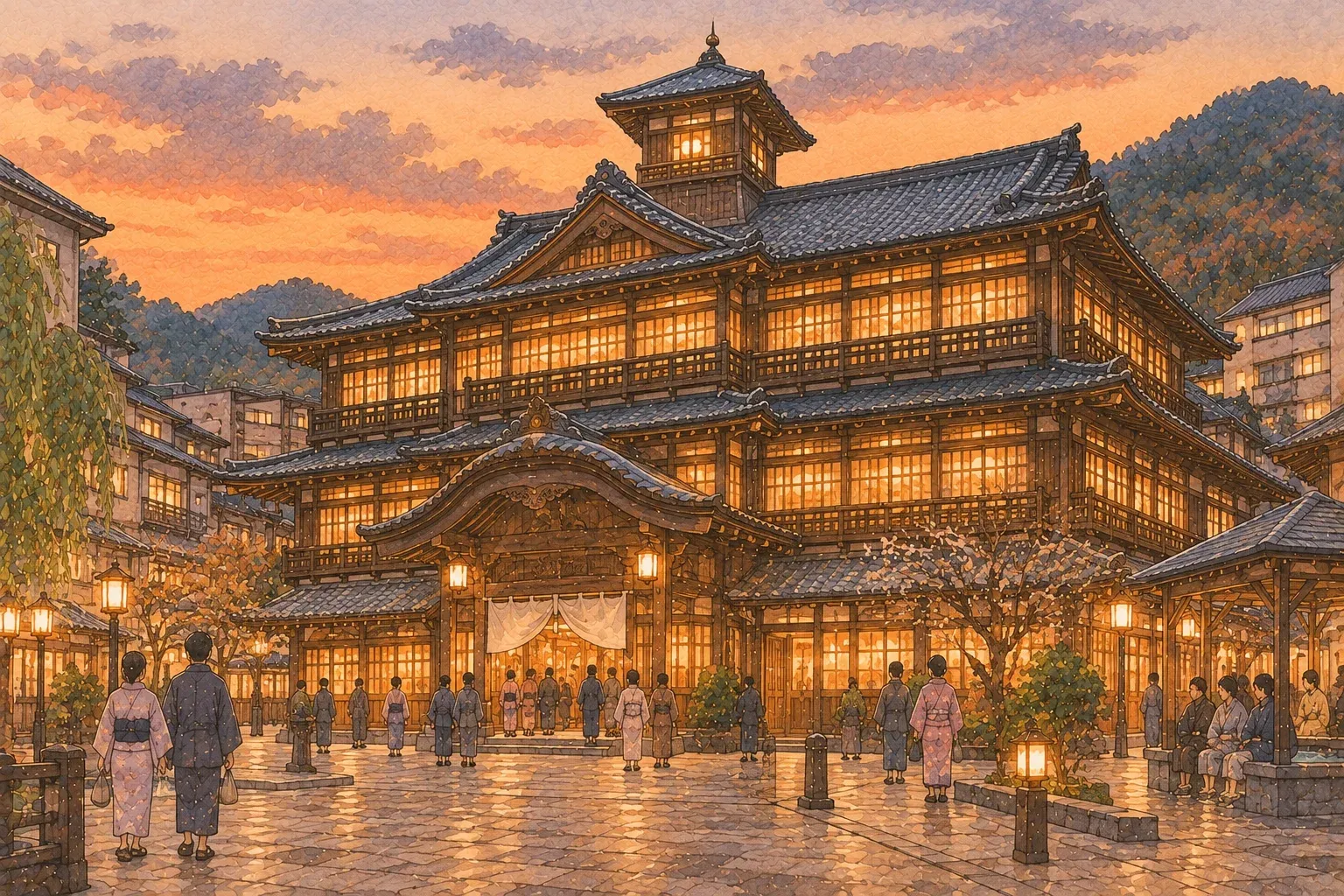 Illustration of a large old wooden bathhouse with tiered roofs lit up at dusk, visitors in yukata in the square in front