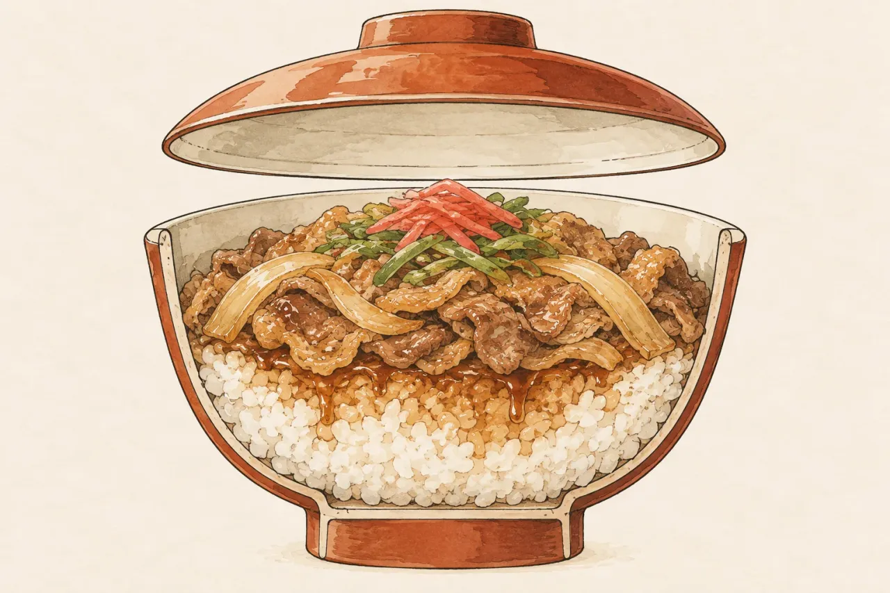 A cutaway of a lidded beef bowl showing white rice at the bottom, sauce soaking into it, and simmered beef and onion on top