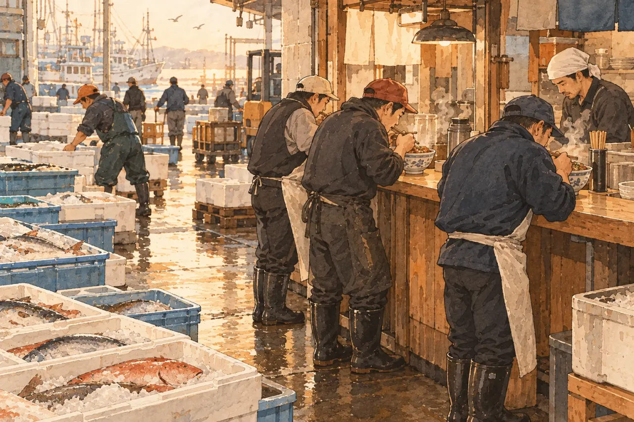 Fish market workers in rubber boots and aprons eating bowls at a small counter at dawn, crates of fish on ice and boats in the harbour behind