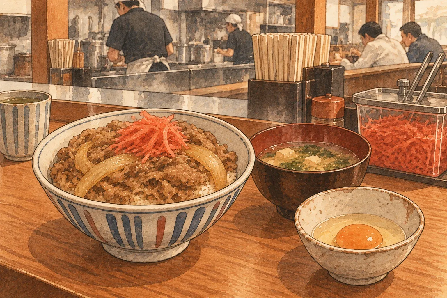 Illustration of a bowl of gyudon topped with red pickled ginger, with miso soup and a raw egg, at a beef-bowl chain counter