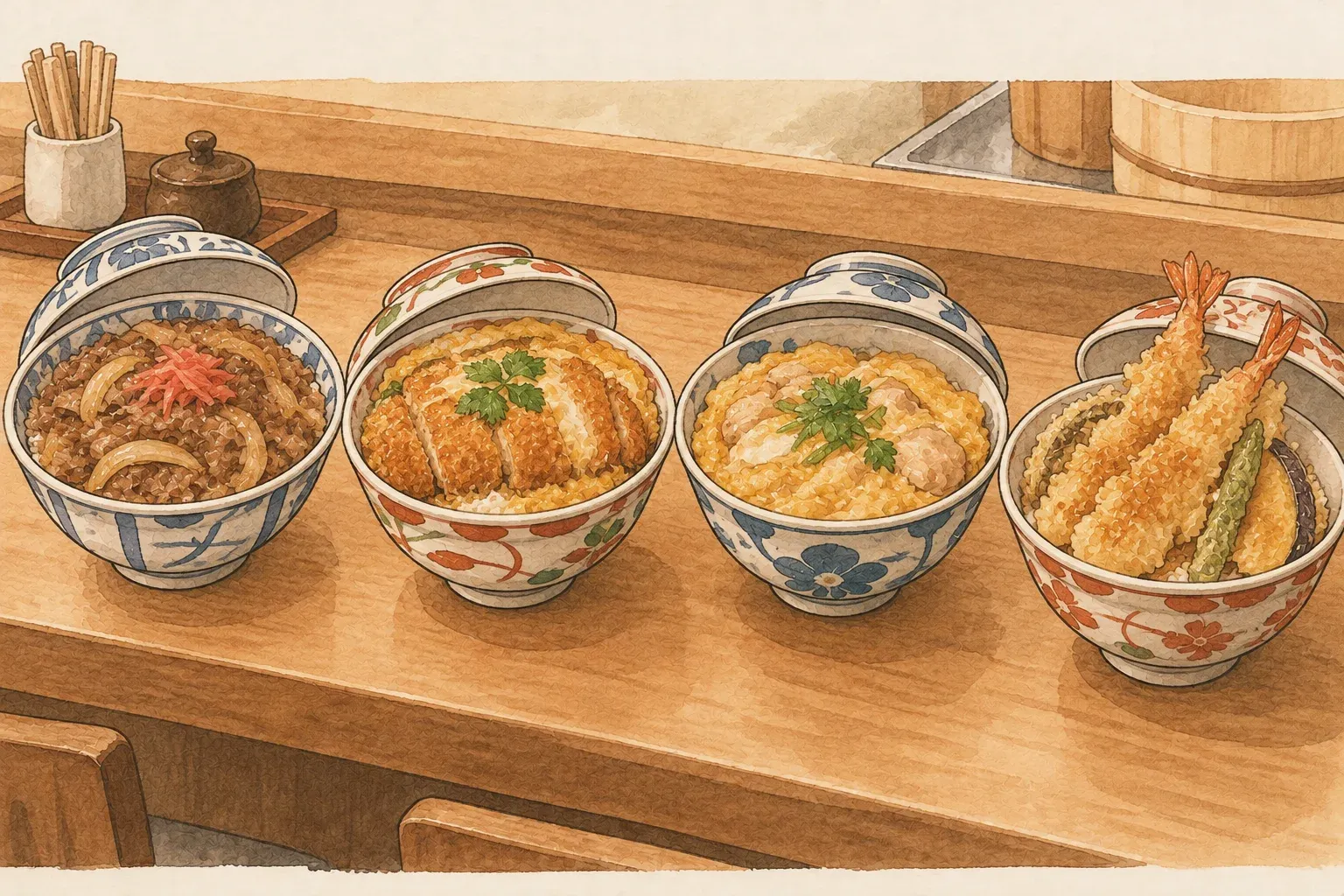 Illustration of four rice bowl dishes on a wooden counter, each with its lid beside it: beef bowl, pork cutlet bowl, chicken and egg bowl, and tempura bowl
