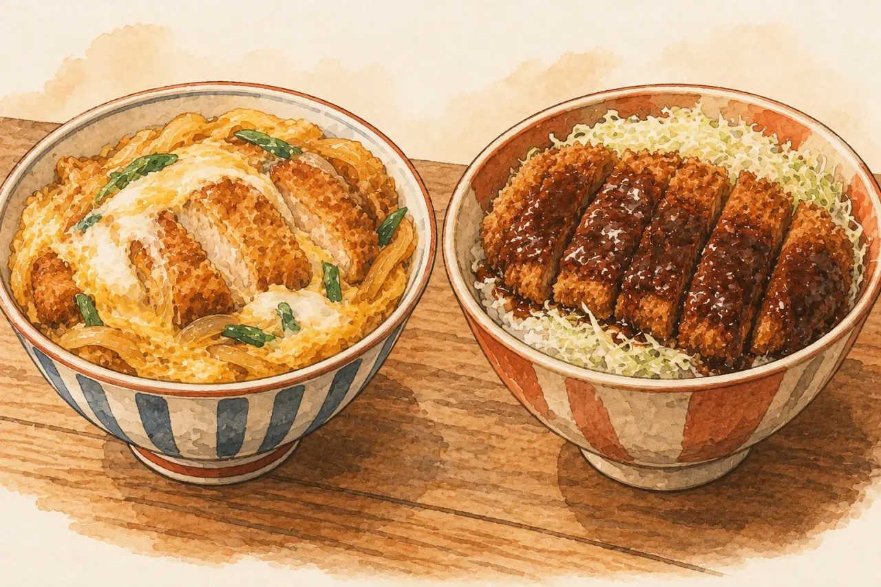 Two cutlet bowls side by side: one with the cutlet set in egg and onion, one with sauce-dipped cutlets on shredded cabbage
