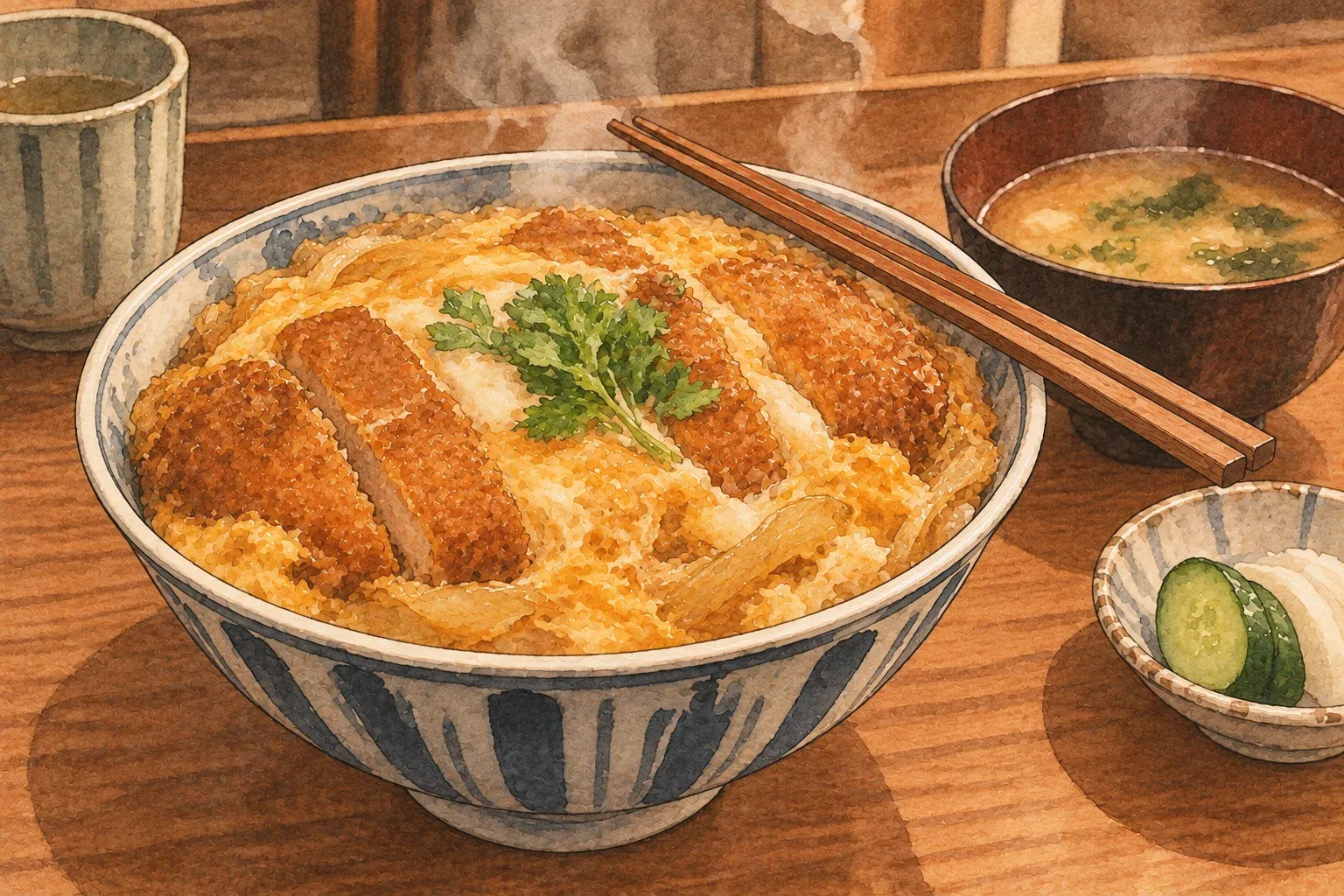 Illustration of a bowl of katsudon, a pork cutlet set in egg and onion over rice, with miso soup and pickles