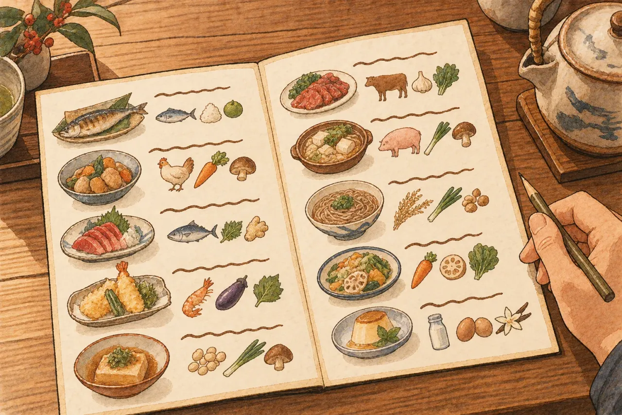 An open menu with each dish drawn beside small pictures of its ingredients, a hand holding a pencil