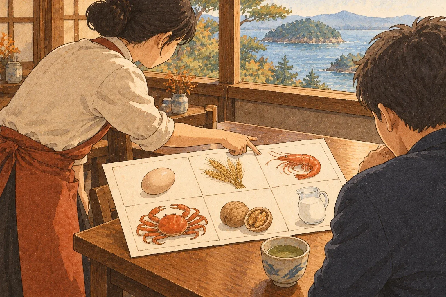 Illustration of a server pointing to a chart of food pictures for a diner at a restaurant table by the sea