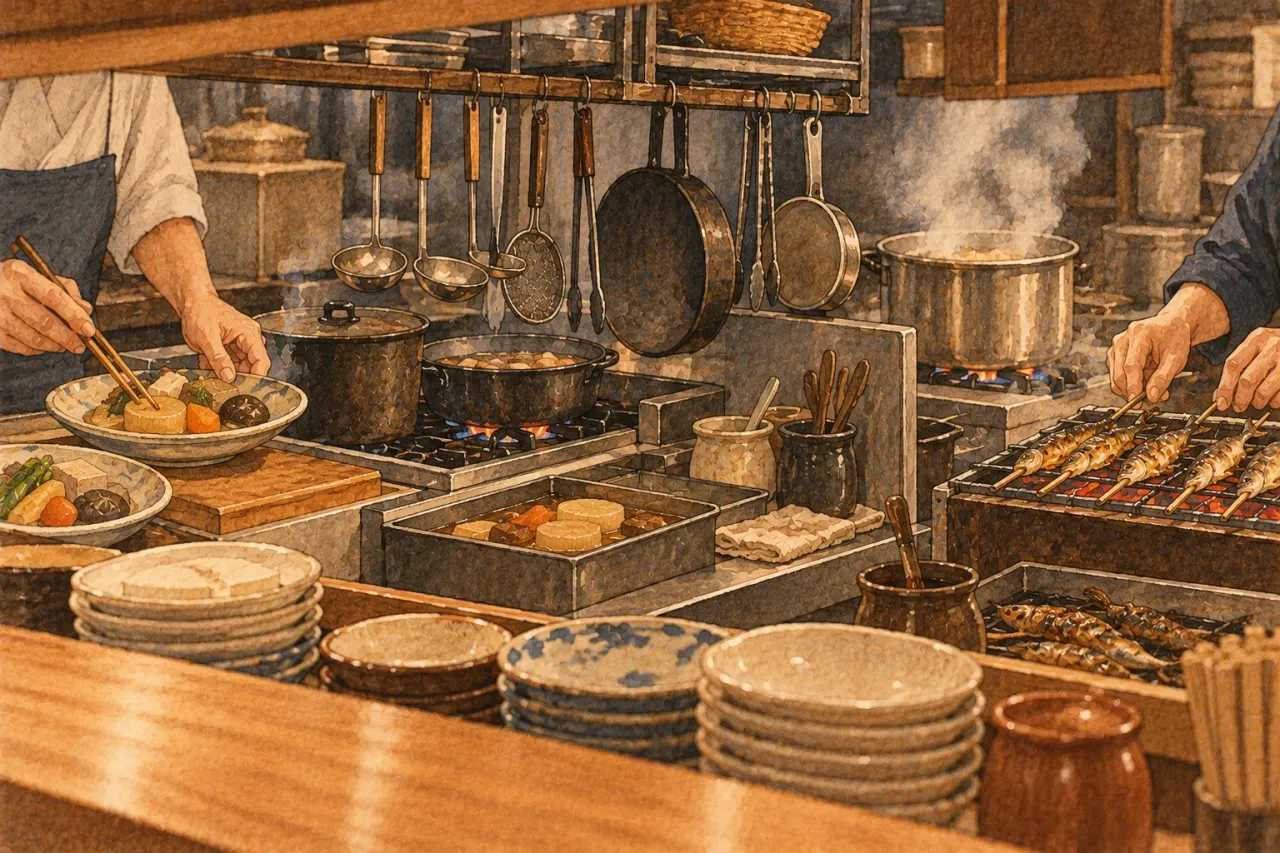 A busy restaurant kitchen with pots of stock simmering, fish on a grill and small dishes being plated