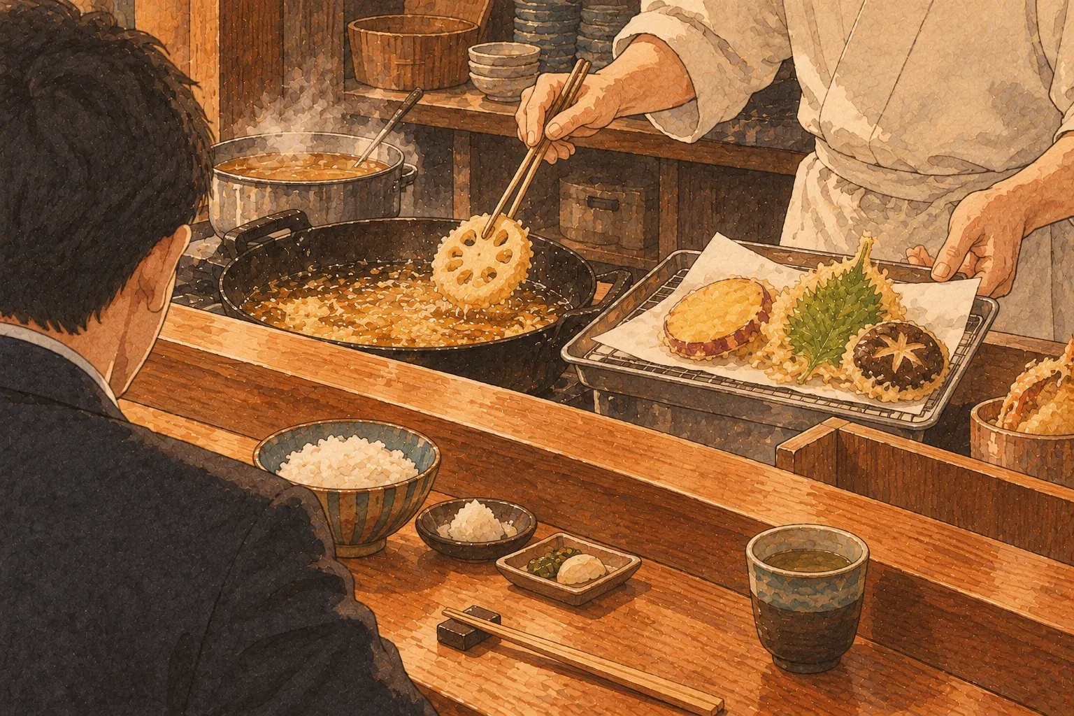 Illustration of a cook frying vegetable tempura at a counter, a diner waiting with rice and tea