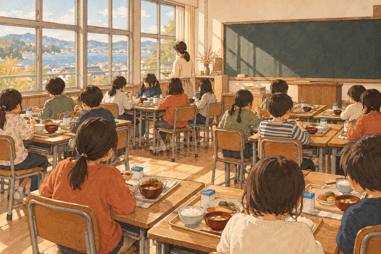 Children eating lunch at their desks in a sunny classroom, a teacher at the front