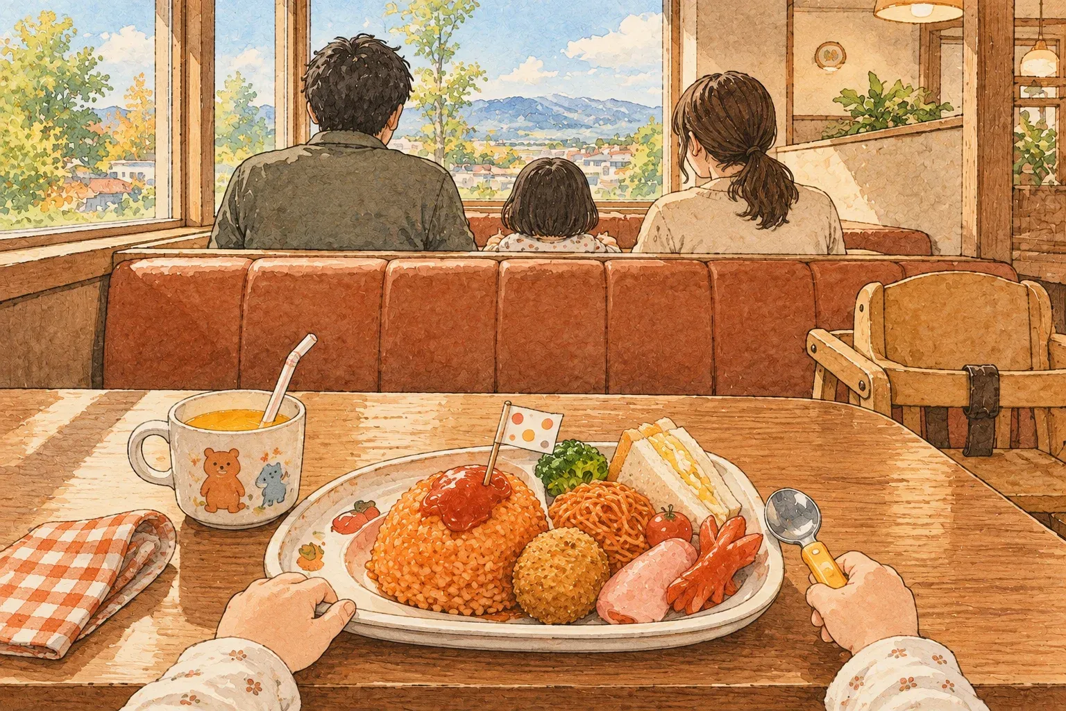 Illustration of a family at a restaurant booth, a child’s lunch plate with a flag on the rice, a high chair beside the table
