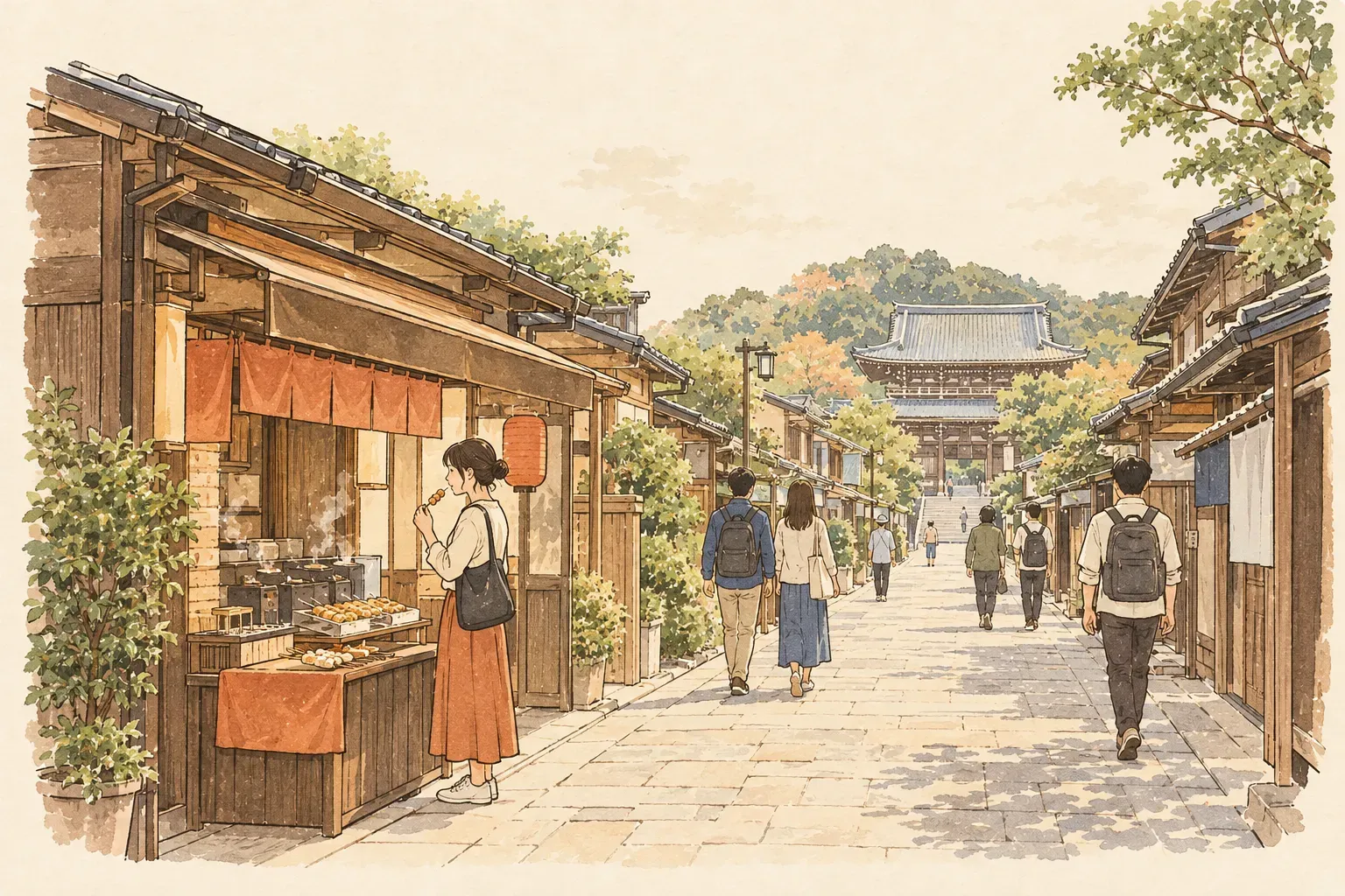 Illustration of an old shopping lane leading to a temple gate, a visitor standing beside a food stall to eat a skewer while others walk past