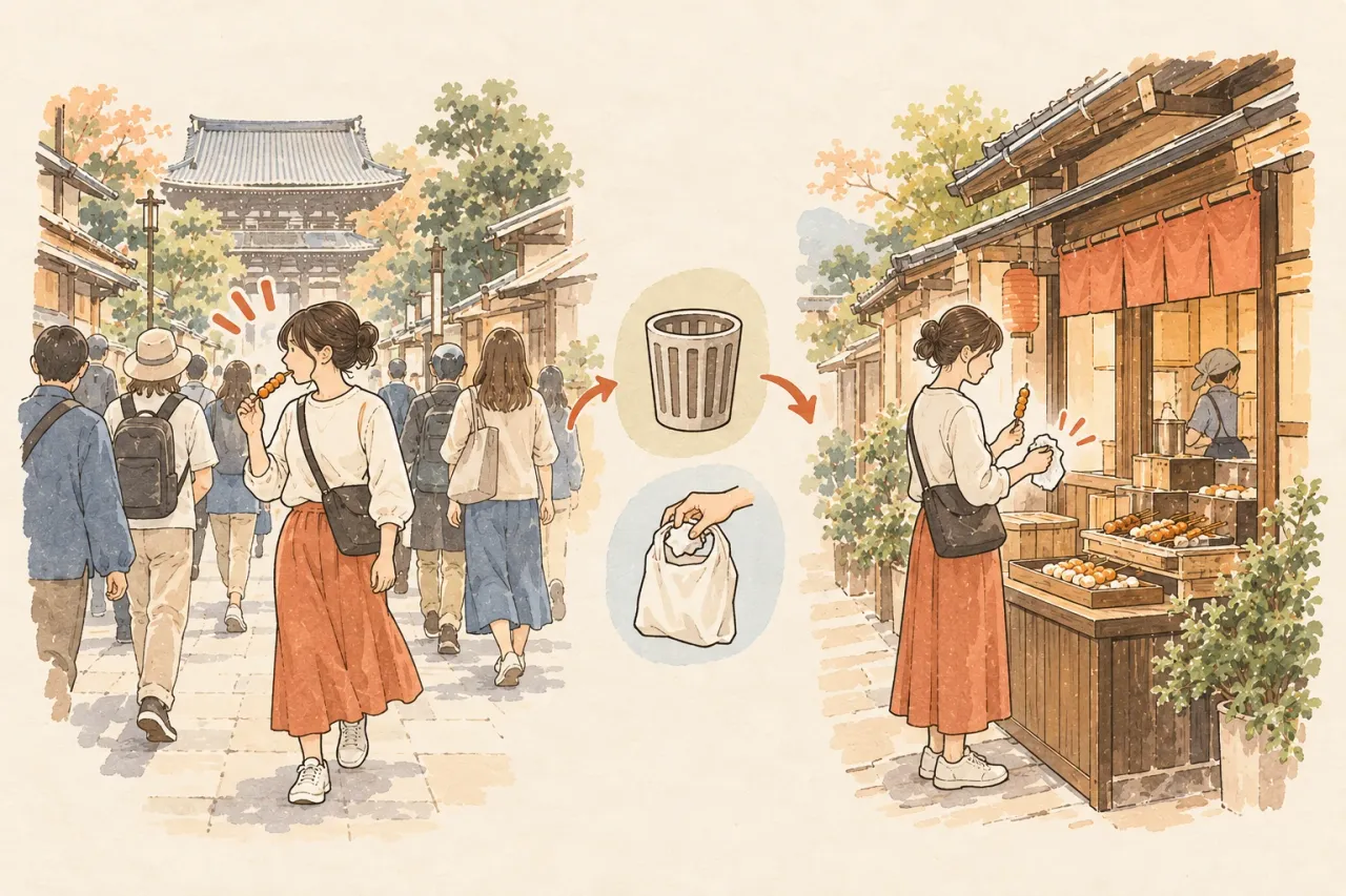 Two scenes of the same visitor: eating a skewer while walking through a crowded lane, then standing at the stall to finish it and wrap the stick, with a bin and a carry-home bag drawn between the scenes