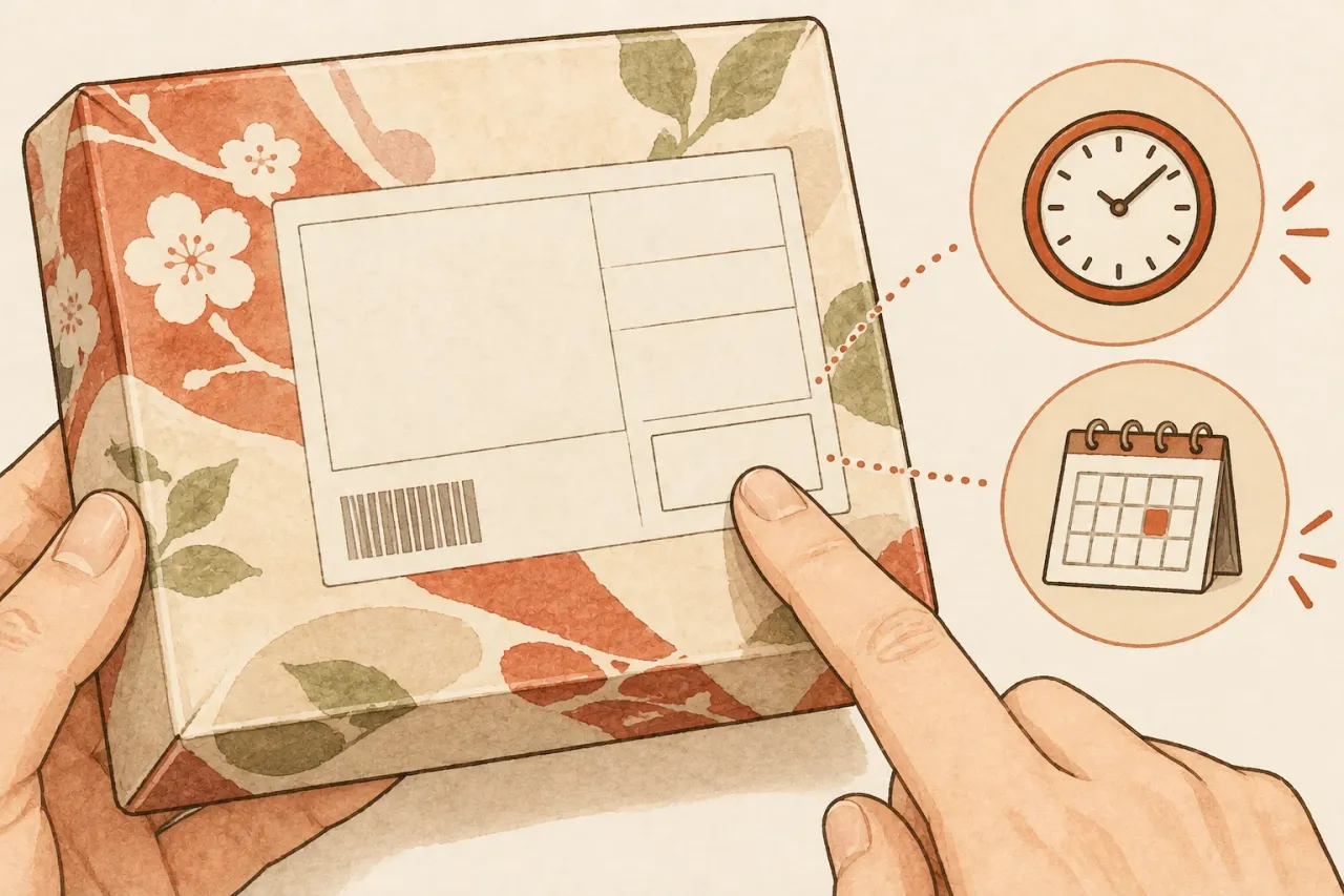 Hands holding a gift box of sweets, a finger pointing at the date panel on its label, with a clock and a calendar drawn beside it