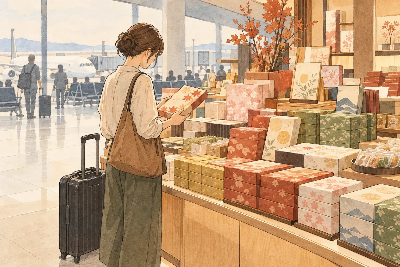 Illustration of a traveller with a suitcase choosing a box of sweets in seasonal wrapping at an airport souvenir shop, planes at the gates behind