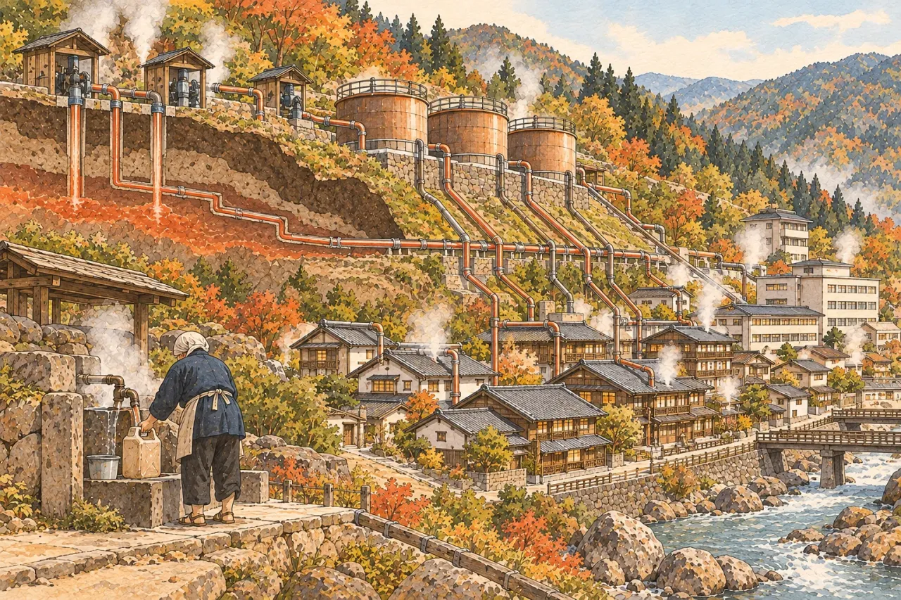 Pipes and storage tanks on a hillside above the town, an old woman filling a bucket at a public tap
