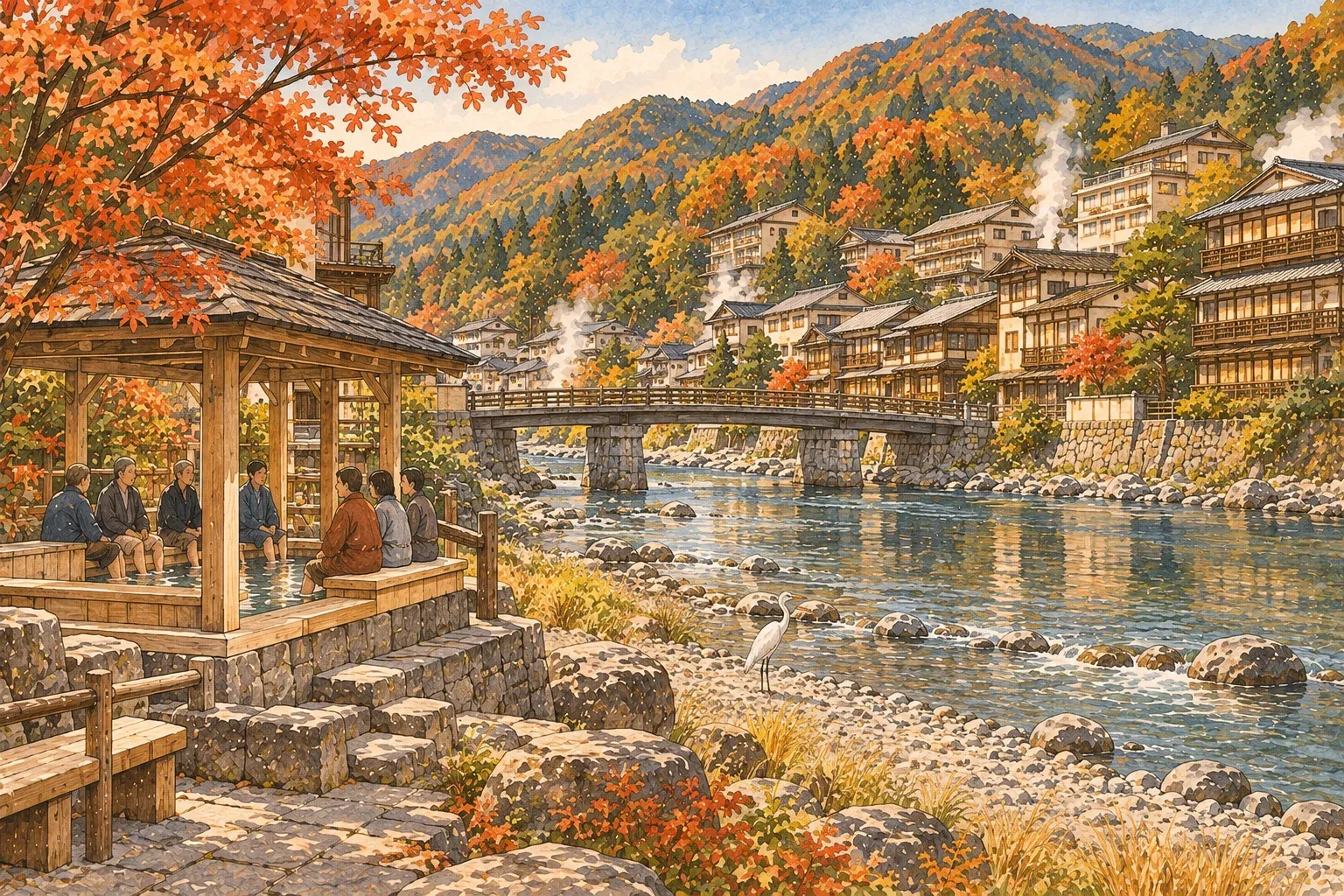 Illustration of a riverside hot spring town in autumn, a covered footbath by the water and a bridge across