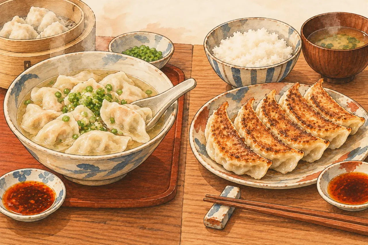 Two tables side by side: a bowl of boiled dumplings in broth with a spoon and a bamboo steamer on the left, a plate of pan-fried gyoza with rice and miso soup on the right