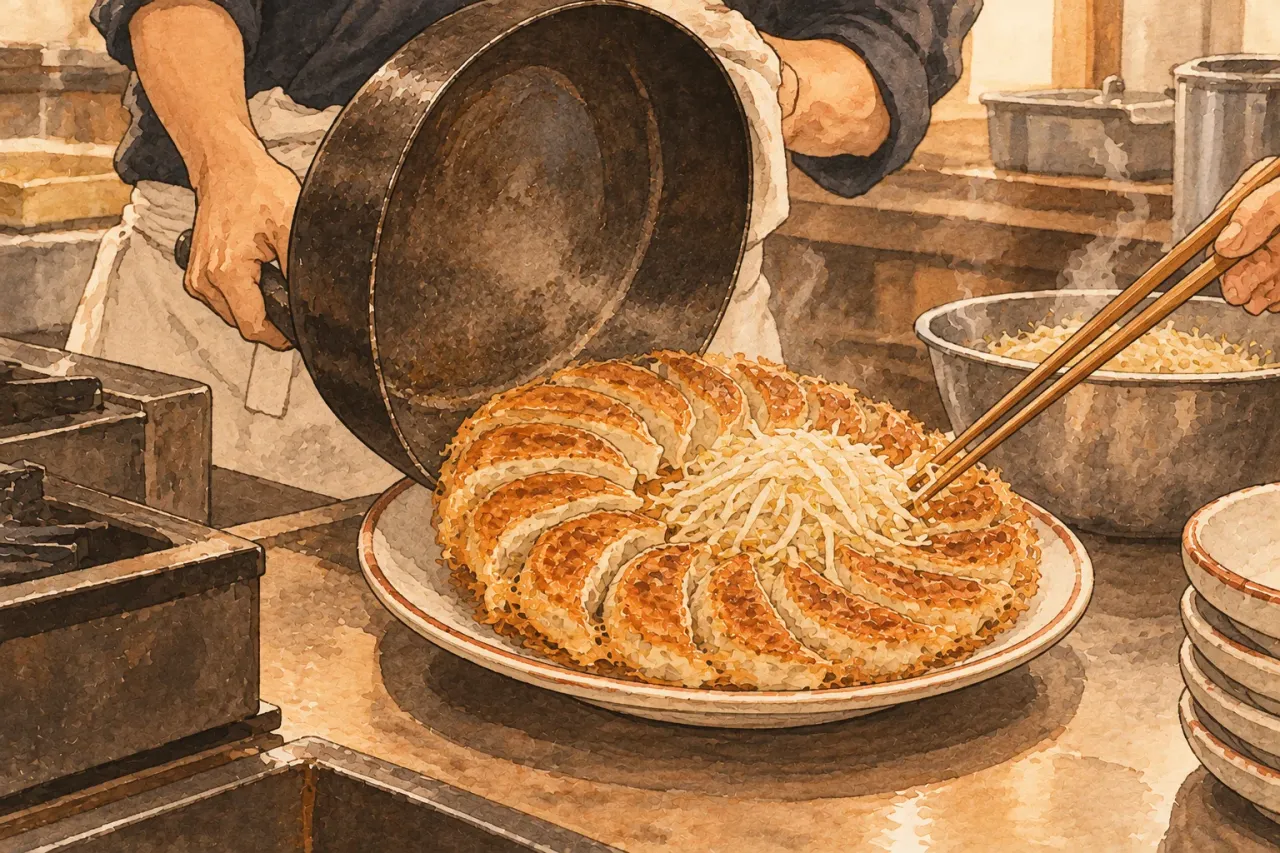 A cook turning a pan over onto a plate so the ring of gyoza lands intact, then adding bean sprouts to the centre