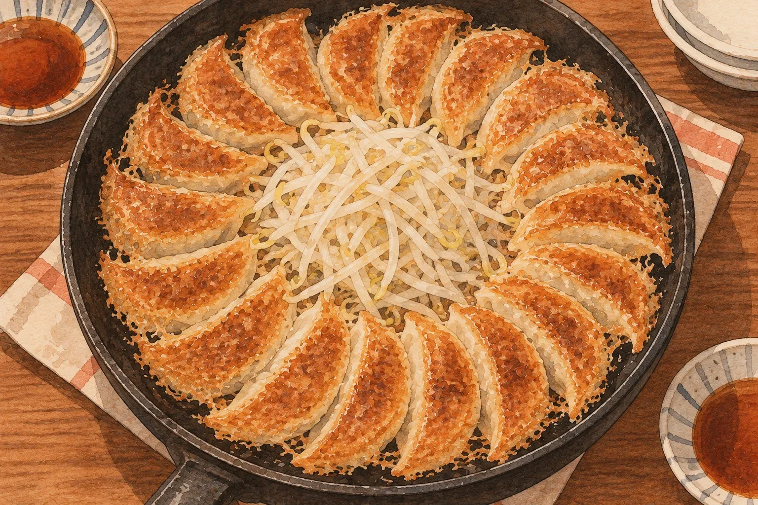 Illustration of gyoza fried in a ring in a pan, seen from above, with a mound of bean sprouts in the middle