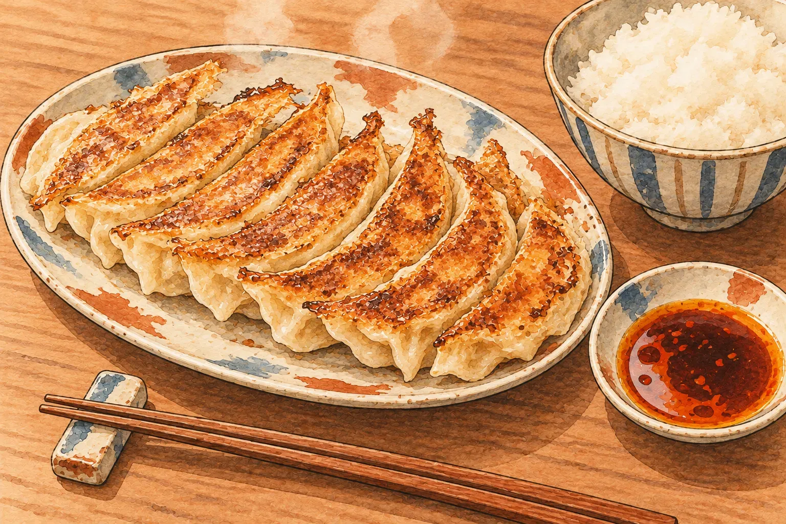 Illustration of a plate of pan-fried gyoza with browned bottoms, a bowl of white rice and a dish of chilli dipping sauce, chopsticks on a rest