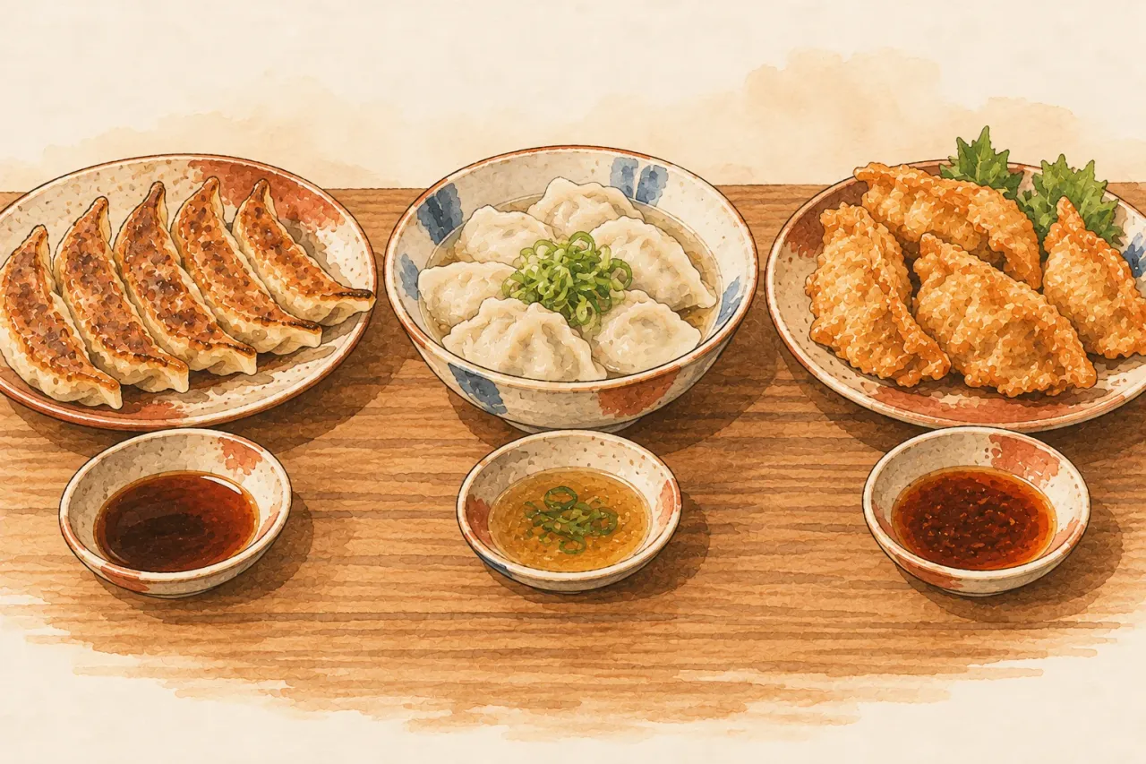 Three plates of gyoza in a row, pan-fried, boiled and deep-fried, each with its own dipping sauce