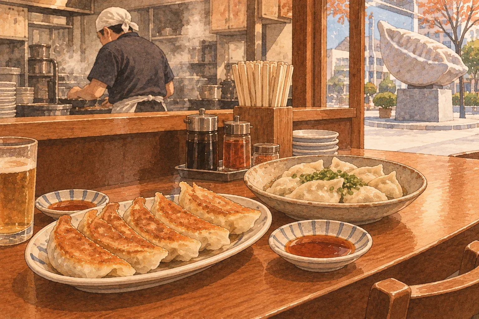 Illustration of plates of pan-fried and boiled gyoza with beer at a gyoza shop counter, a gyoza-shaped stone statue outside the window