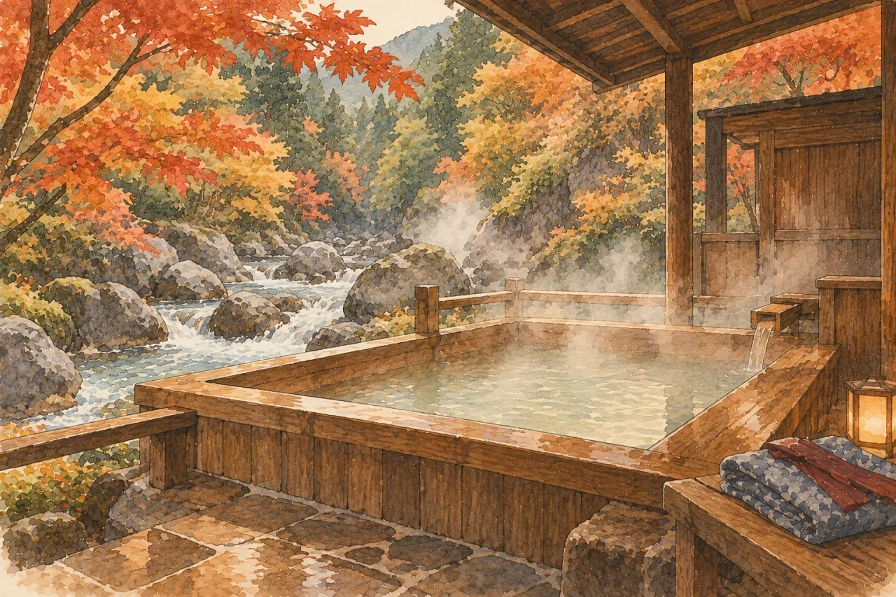 An empty wooden open-air bath beside a mountain stream in autumn, steam rising and a folded yukata on a bench