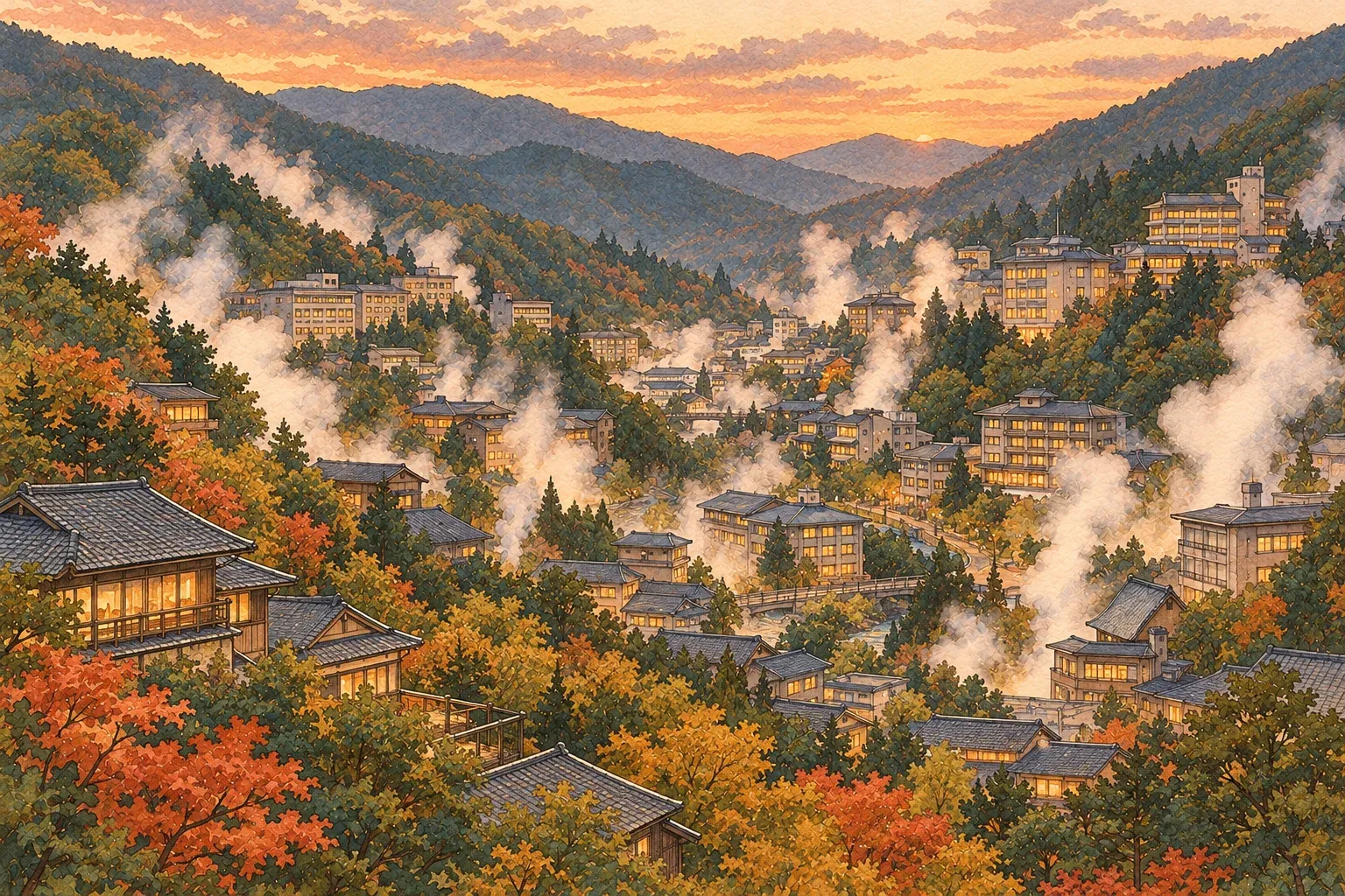 Illustration of a hot spring town in a forested mountain valley at sunset, autumn trees and white steam rising between the buildings