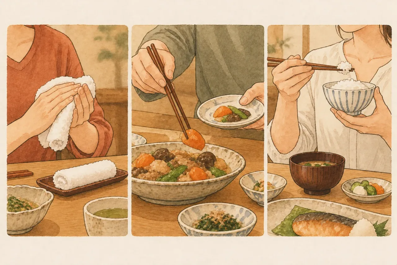 Three panels: wiping hands with a rolled hand towel, taking food from a shared dish onto a small plate, and eating rice while holding the bowl up