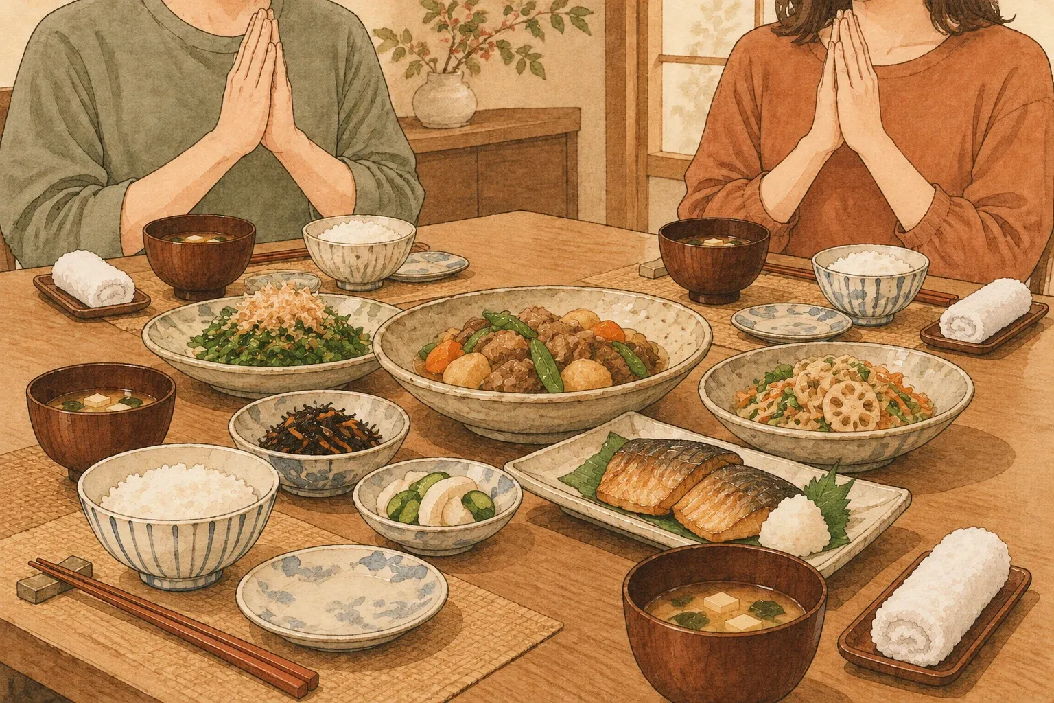 Illustration of two people with palms pressed together before a home meal of shared dishes, rice, miso soup and a rolled hand towel at each place