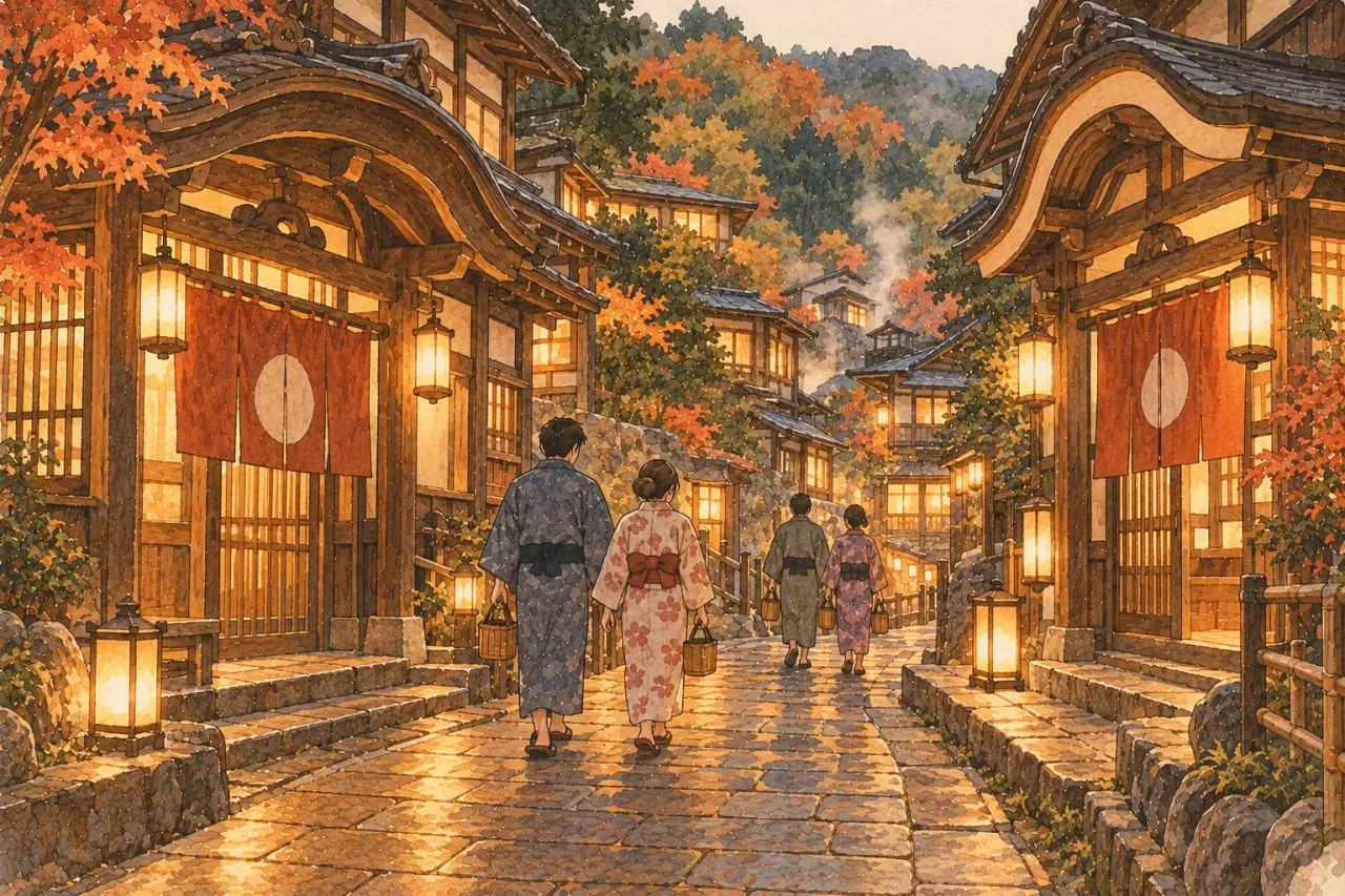Visitors in yukata carrying small baskets along a lantern-lit street between two traditional bathhouses