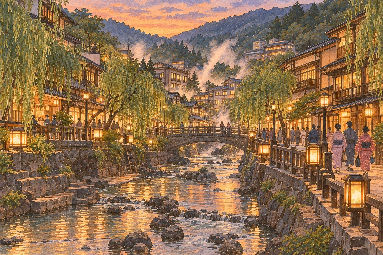 Illustration of a willow-lined river through a hot spring town at evening, stone bridges, lanterns and visitors in yukata on the bank