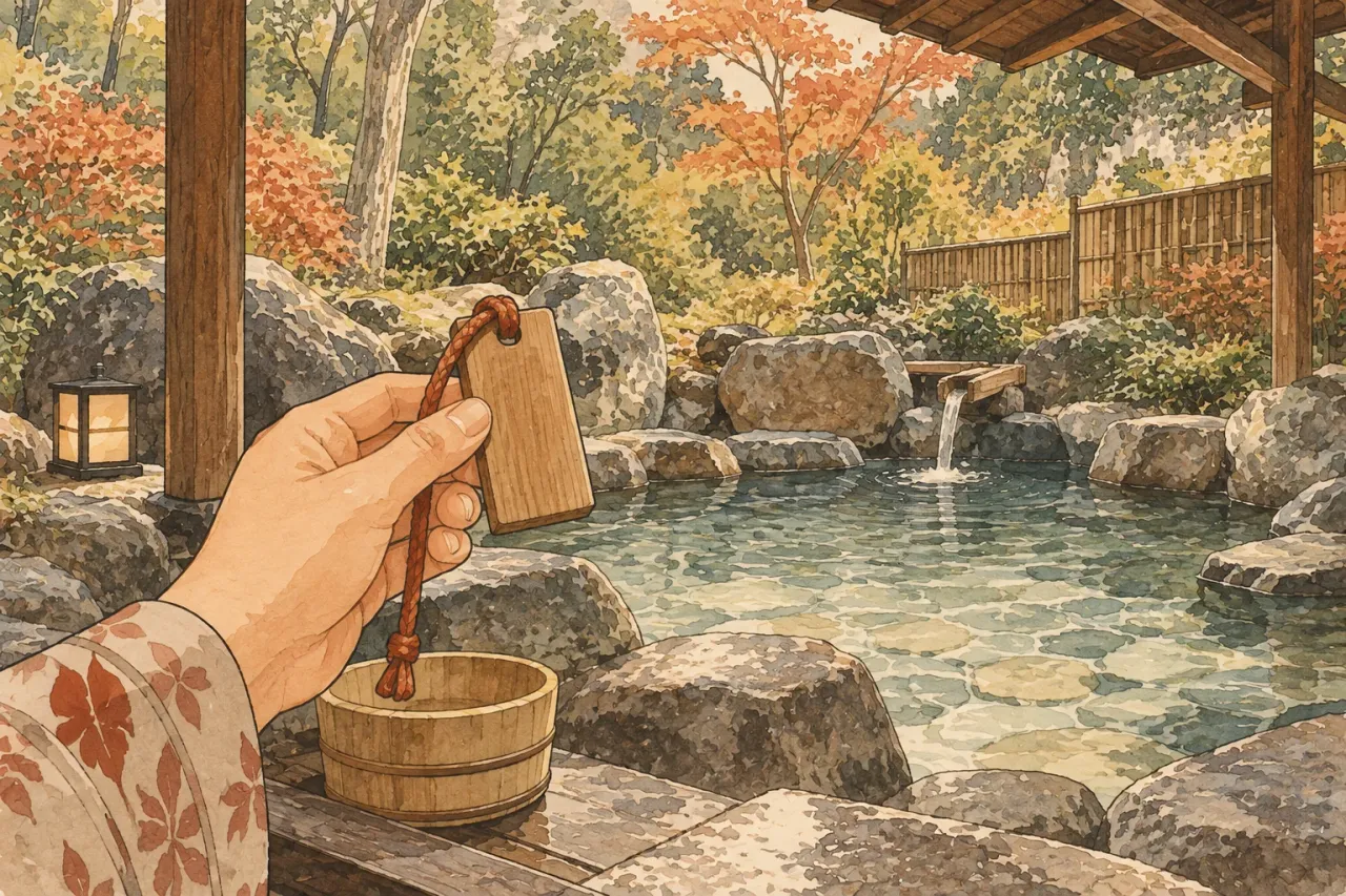 A hand in a yukata sleeve holding a small wooden tag on a cord beside an empty rock-lined open-air bath