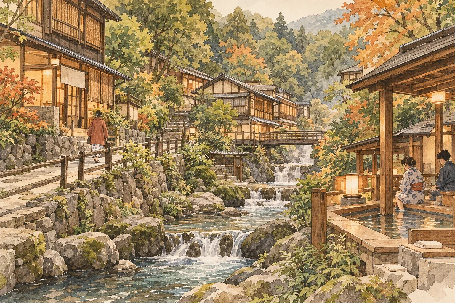 Illustration of wooden inns along a stream in an autumn valley, a footbath under a small roof by the water