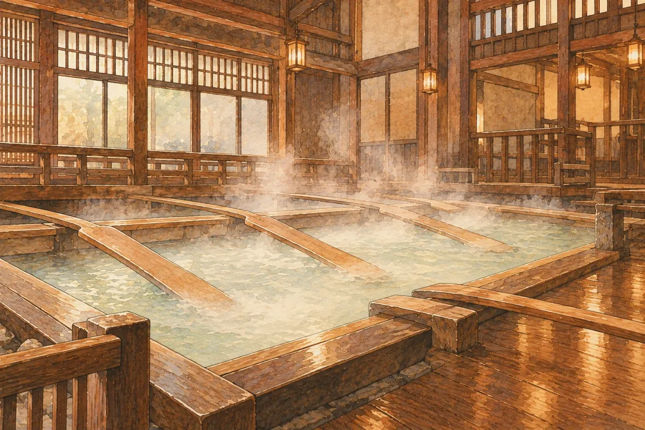 An empty wooden bathhouse with long wooden paddles resting across a steaming bath