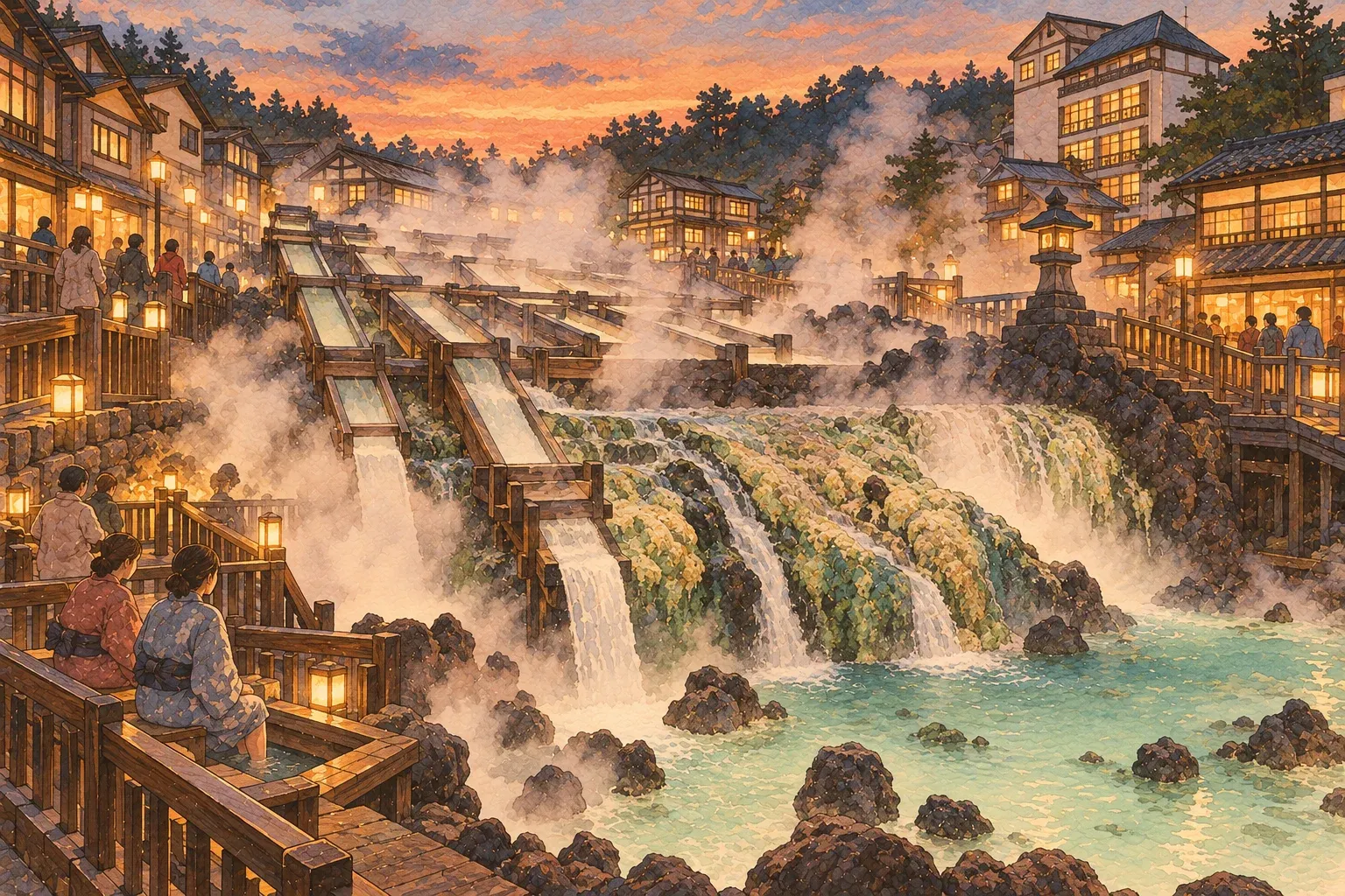 Illustration of the Yubatake at dusk: wooden channels carrying steaming water down into a pale green pool, inns and lamps around it