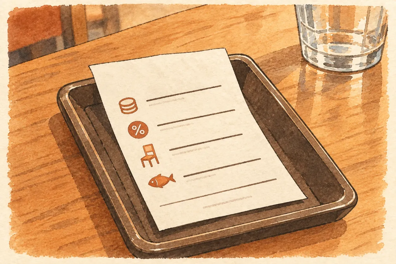 A bill in a small tray on a restaurant table, its lines marked with four symbols: coins, a percent sign, a chair and a fish