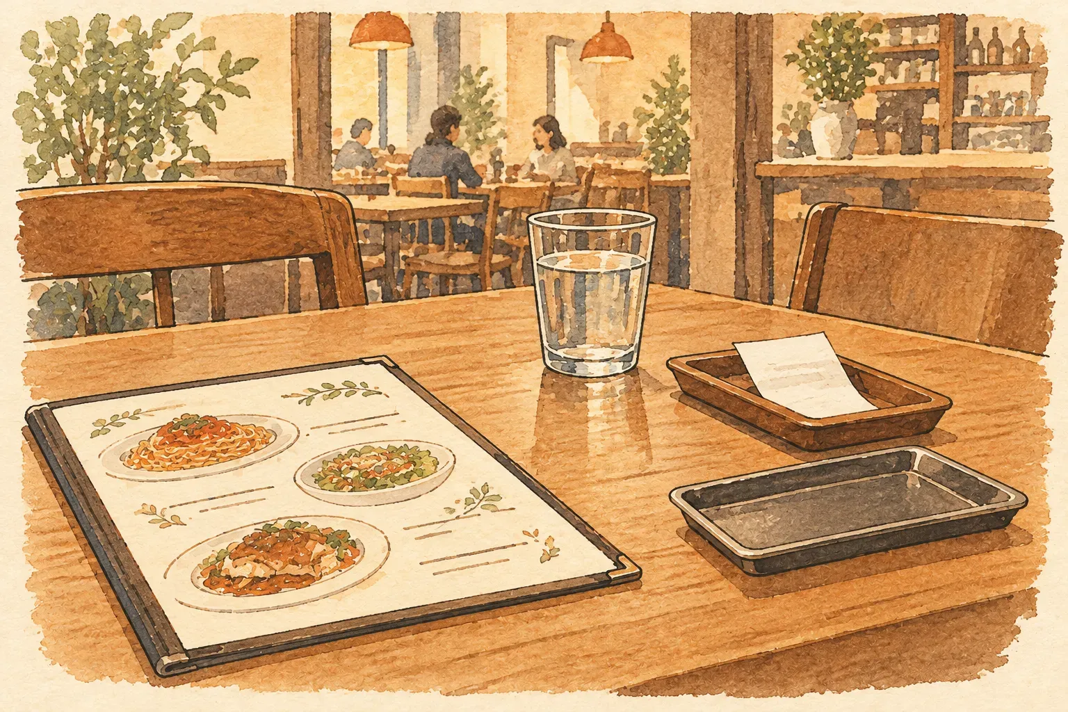 Illustration of a restaurant table with a picture menu, a glass of water, a receipt in a small tray and an empty cash tray, diners in the background
