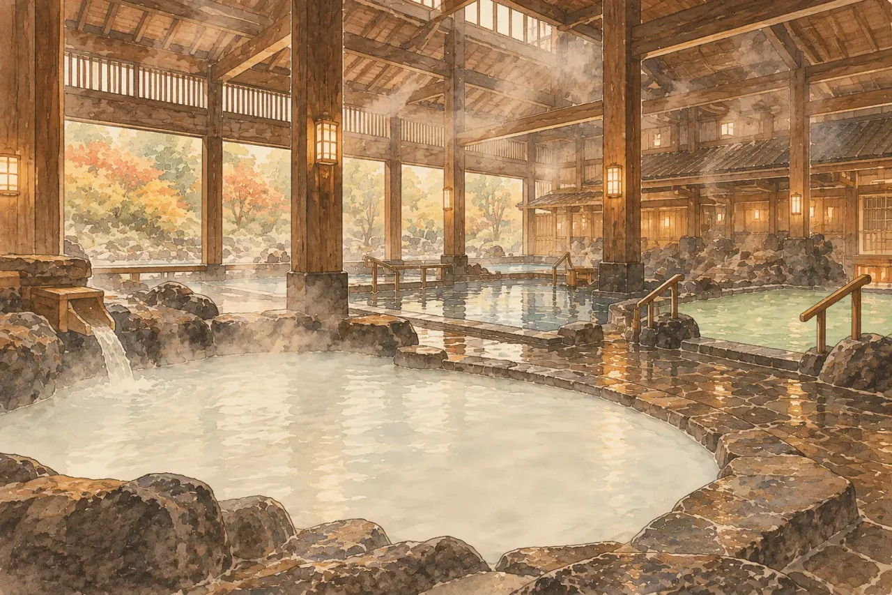 A large empty bath hall with pools of milky and clear water, steam rising under a wooden roof