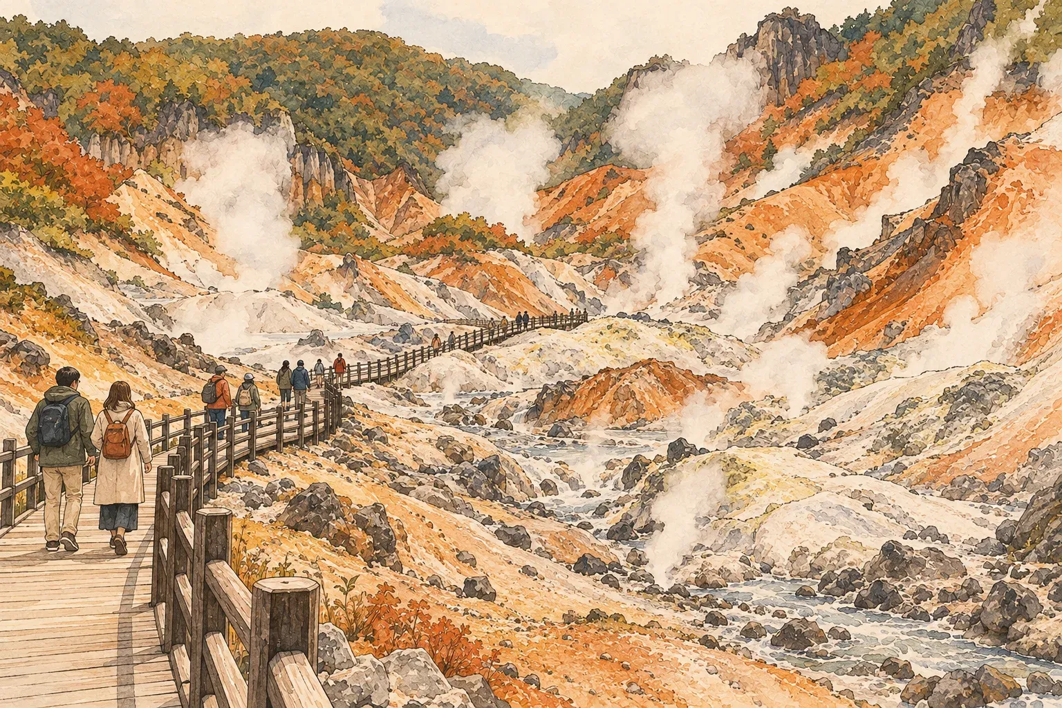 Illustration of visitors on a wooden boardwalk through a steaming volcanic valley of yellow, orange and grey rock