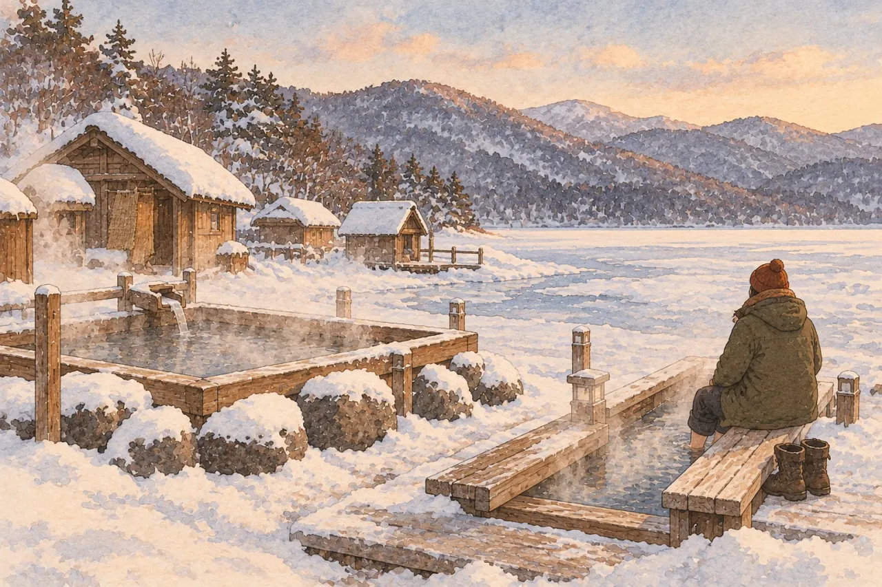 A visitor in a coat sitting by an empty steaming bath built on a frozen lake, small huts on the ice