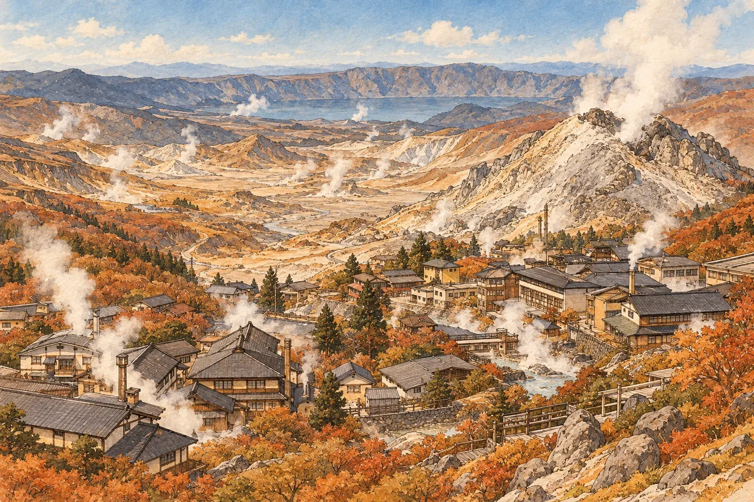Illustration of a hot spring town below a steaming volcanic valley in autumn, a lake in the distance