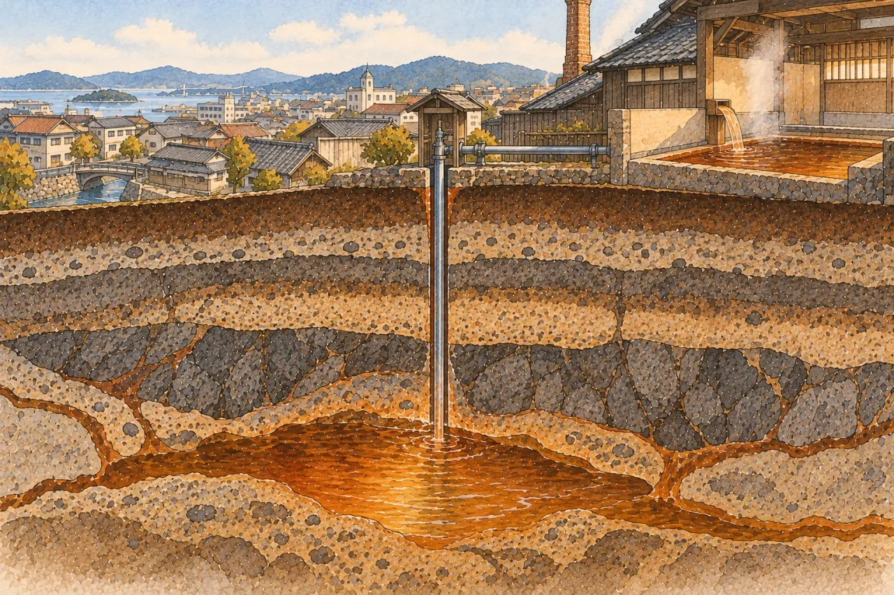 A cutaway of a pipe drilled down through layers of rock to hot water, a city bath above