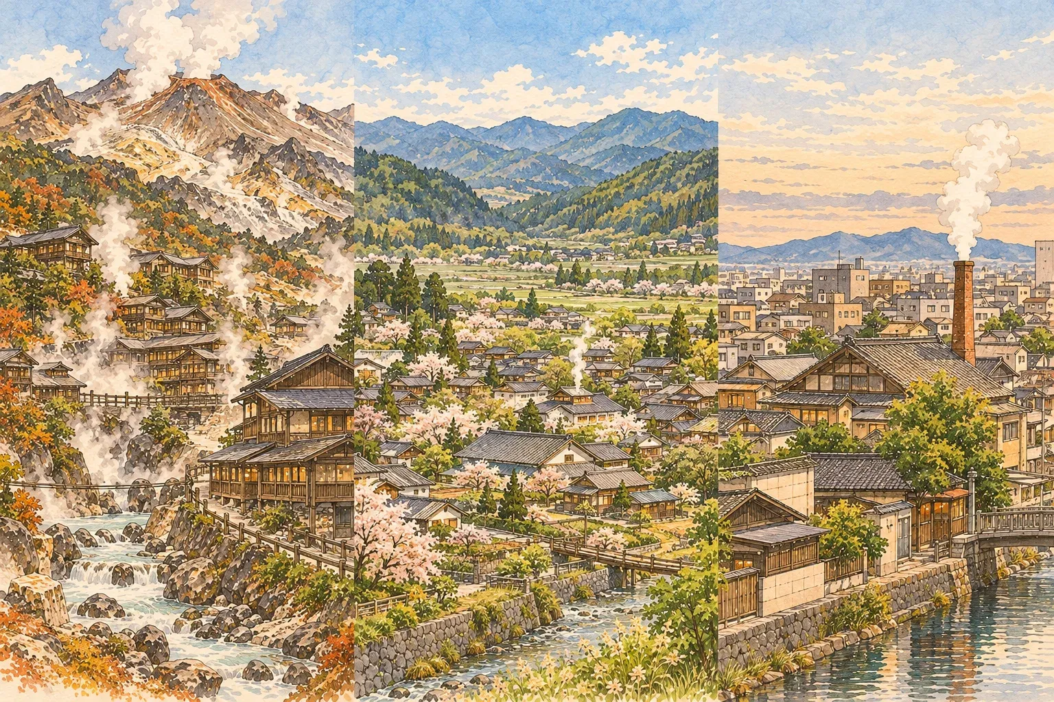 Illustration of three hot spring towns blended into one scene: a mountain gorge, a valley town and a city by the water